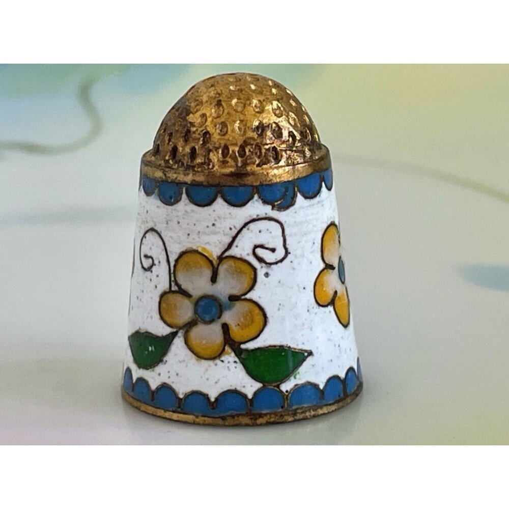 Vintage Enamel Brass Thimble Yellow Flowers Cottage core